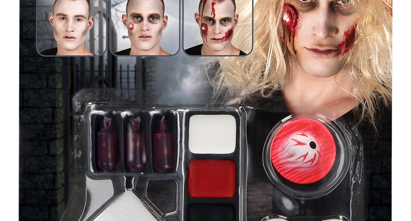 Zombie schminkset van Boland op kaart: drie nepbloedcapsules, latex wond, vetschmink zwart rood wit, spons en applicator