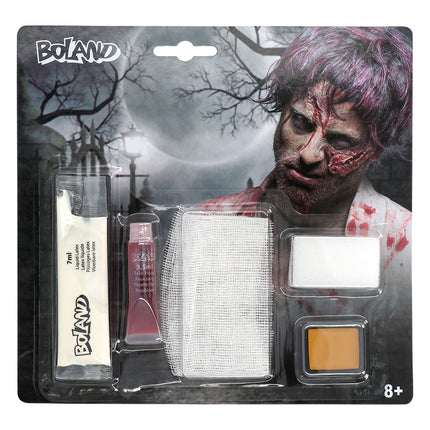 Zombie schminkset Undead van Boland op kaart met vloeibare latex, nepbloed, gaas, spons en gele vetschmink