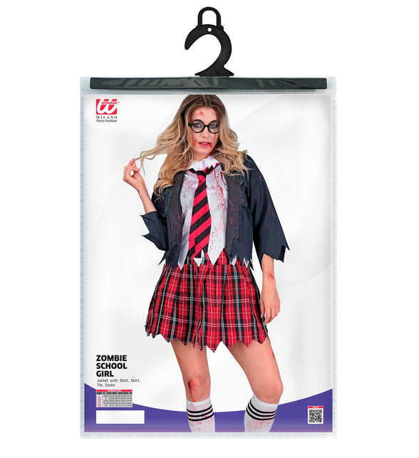 Zombie schoolmeisje kostuum Emma in verpakking met jas, shirt, rokje, stropdas en sokken