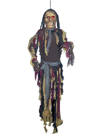 Zombie skelet hangdecoratie van 160 cm met rode ogen, zwarte haarlokken en gerafelde lappen voor Halloween