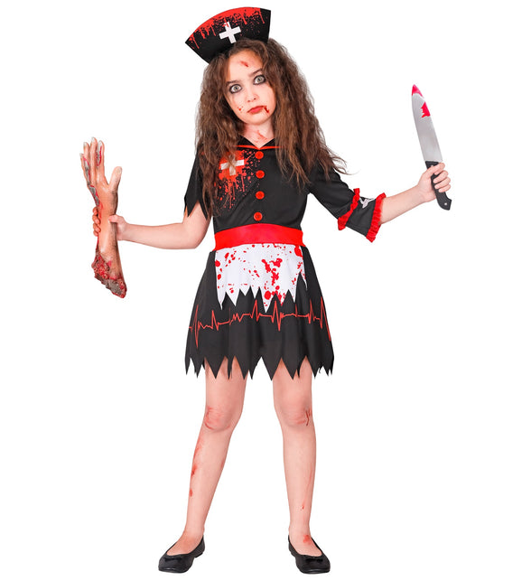 Zombie verpleegster kostuum Evi met rode knopen, wit schortje en hartslaglijn op de rok, voor Halloween