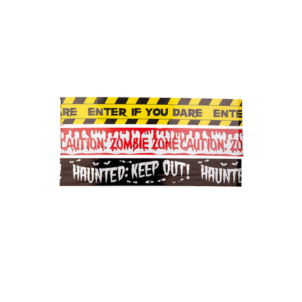 Zombie zone caution tape 3-pak met geel gestreept, druipend rood en zwart lint voor Halloween