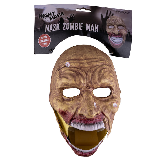 Zombiemasker met bewegende kaak in de verpakking van Funny Fashion, losse onderkaak zichtbaar