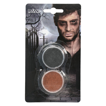 Zombiepoeder zwart en bruin, twee potjes van 5,5 g op Boland blisterkaart voor Halloween