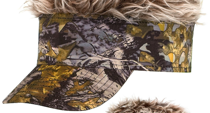 Zonneklep camouflage met blond stekelig pluche haar, voor- en zijaanzicht van de klep