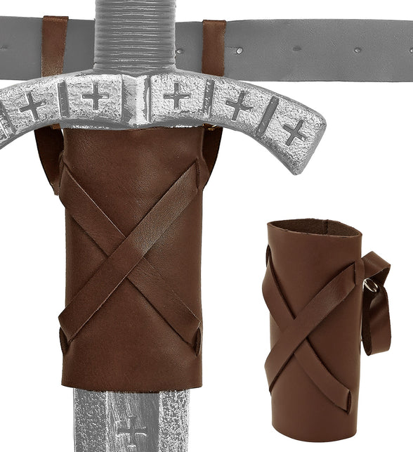 Zwaard holster bruin kunstleer met kruislingse banden, aan een riem met verkleedzwaard erin