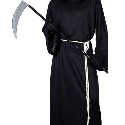 Zwart Grimreaper gewaad met wijd uitlopende mouwen en geknoopt wit koord in de taille