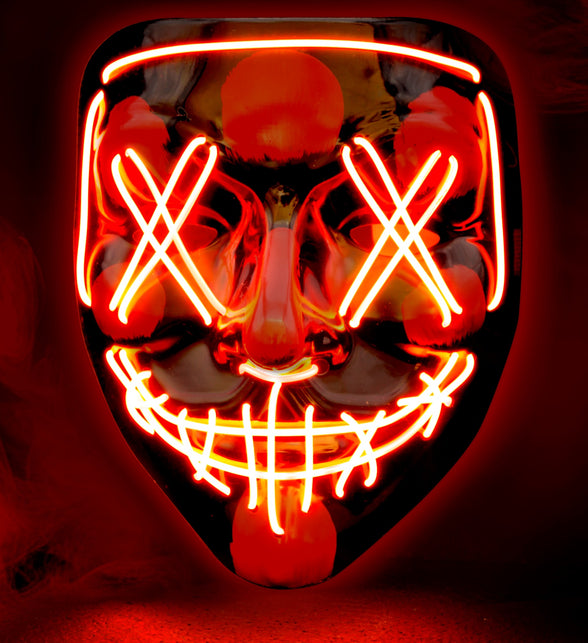 Zwart led masker met rode vlakken rond neus en wangen en fel rode lichtdraden