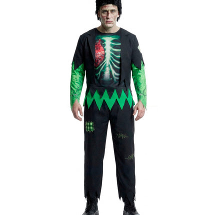 Zwart monsterkostuum heren met groene zigzagband op de heup en zwarte pruik