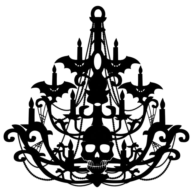 Zwart silhouet van de Halloween kandelaar met doodshoofd, spinnenwebben en kralensnoeren