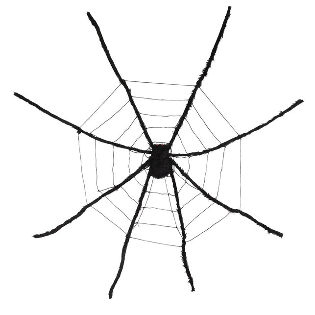Zwart spinnenweb XL met grote harige spin en acht lange pluizige poten als Halloween decoratie