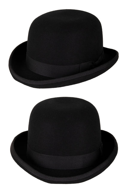 Zwarte bolhoed met smalle bies langs de opgerolde rand, matte viltlook
