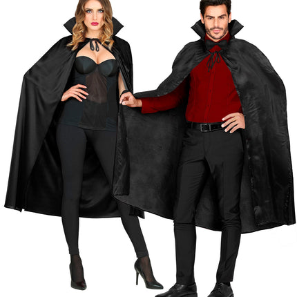 Zwarte cape 130cm van polyester, enkellang en open aan de voorzijde