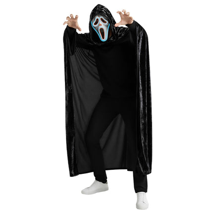 Zwarte cape met kap gecombineerd met wit gil-horrormasker voor Halloween