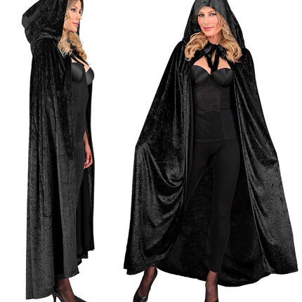 Zwarte fluwelen cape 140 cm van zij- en vooraanzicht met ruime capuchon op