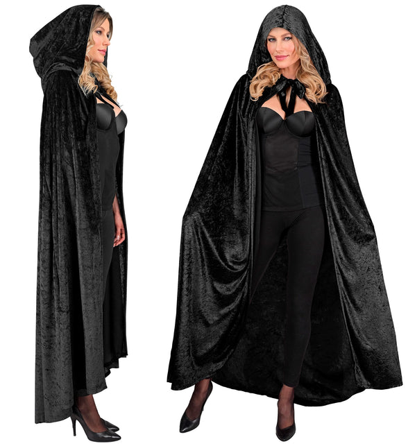 Zwarte fluwelen cape 140 cm van zij- en vooraanzicht met ruime capuchon op