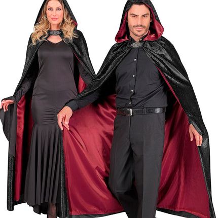 Zwarte fluwelen cape met puntkap en siergesp bij de hals, voor dames en heren