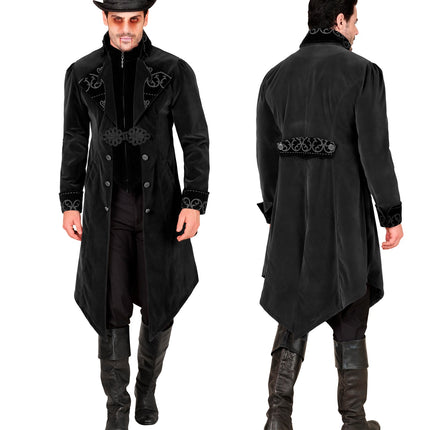 Zwarte gothic jas heren van voor en achter, met hoge staande kraag en siersluitstuk op de rug