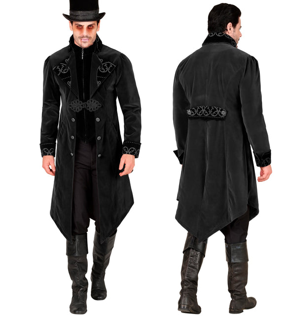 Zwarte gothic jas heren van voor en achter, met hoge staande kraag en siersluitstuk op de rug