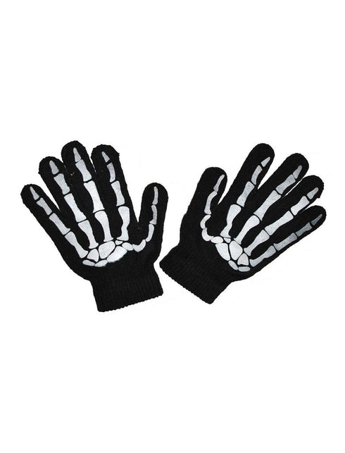 Zwarte handschoenen met witte skelethand over vingers en handrug, met geribde boord