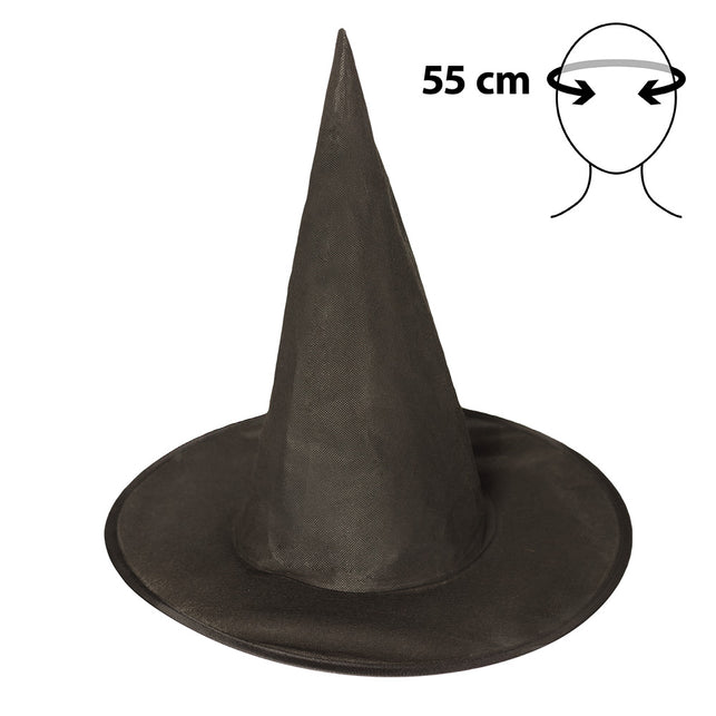 Zwarte heksenhoed kind Ursula los gefotografeerd, spitse bol met vlakke rand en hoofdomtrek 55 cm