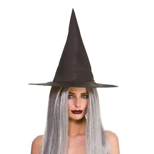 Zwarte heksenhoed Patty van nylon met hoge punt, gedragen boven lang grijs haar voor Halloween