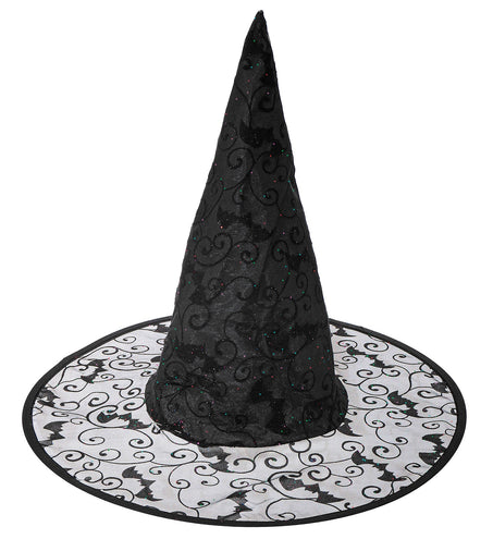 Zwarte heksenhoed met vleermuizen en krullen, met doorschijnende brede rand, voor Halloween