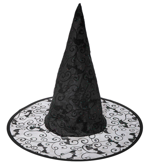 Zwarte heksenhoed met vleermuizen en krullen, met doorschijnende brede rand, voor Halloween