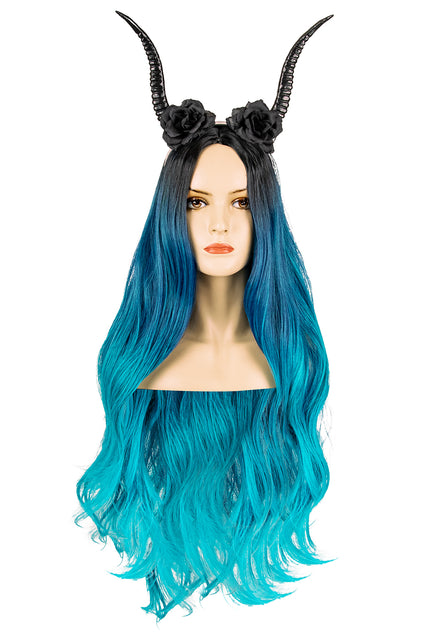 Zwarte hoornen hoofdband met rozen opgezet boven lang haar, gehoornde look voor Halloween