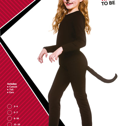 Zwarte kat pak Blacky kinderen van Wicked Costumes, verpakkingsbeeld met catsuit, staart en oren