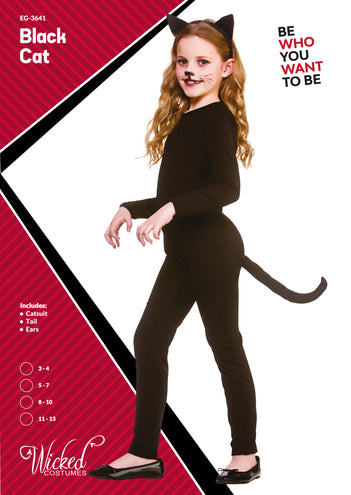 Zwarte kat pak Blacky kinderen van Wicked Costumes, verpakkingsbeeld met catsuit, staart en oren