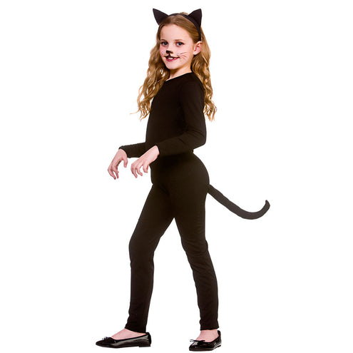 Zwarte kat pak Blacky kinderen: zwarte catsuit met lange staart en oren op diadeem, voor Halloween