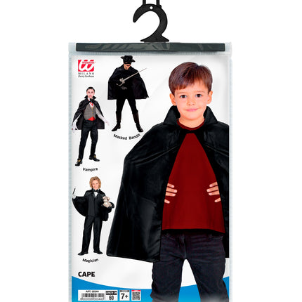 Zwarte kindercape 60 cm in verpakking met voorbeeldlooks vampier, goochelaar en bandiet