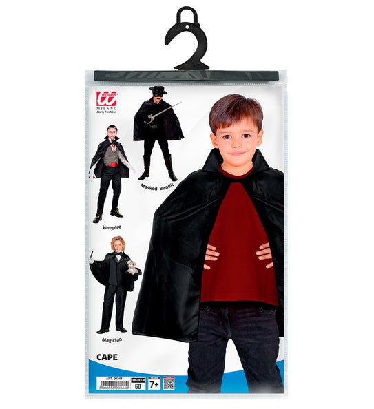 Zwarte kindercape 60 cm in verpakking met voorbeeldlooks vampier, goochelaar en bandiet