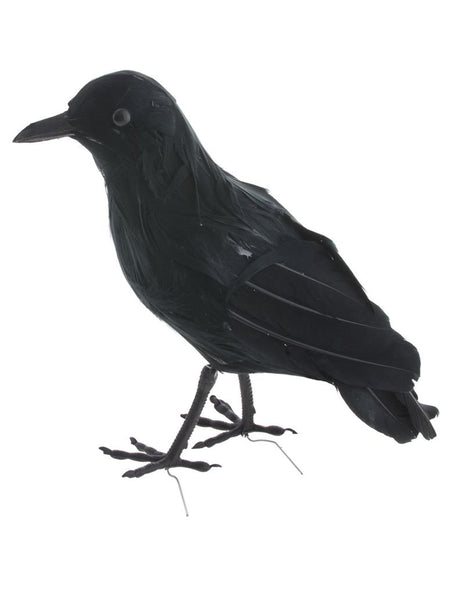Zwarte nep kraai van 16 cm met veren, PVC-snavel en draadjes aan de pootjes voor Halloween