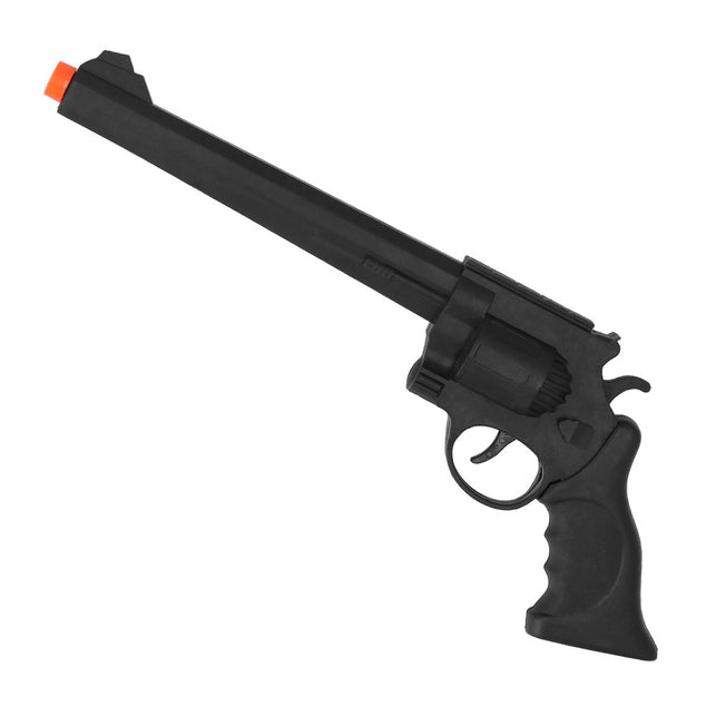Zwarte speelgoedrevolver schuin van voren met trommel, haan, geribbelde greep en oranje dop op de loop