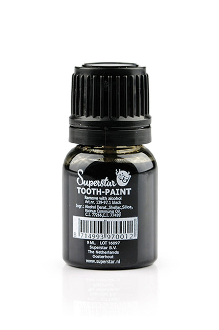 Zwarte tandenlak in flesje van 9 ml met geribbelde zwarte schroefdop, voor rotte tanden tijdens Halloween