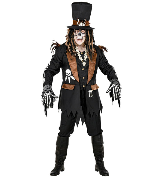 Zwarte voodoo priester jas met witte schedelprint en gerafelde zoom, vooraanzicht