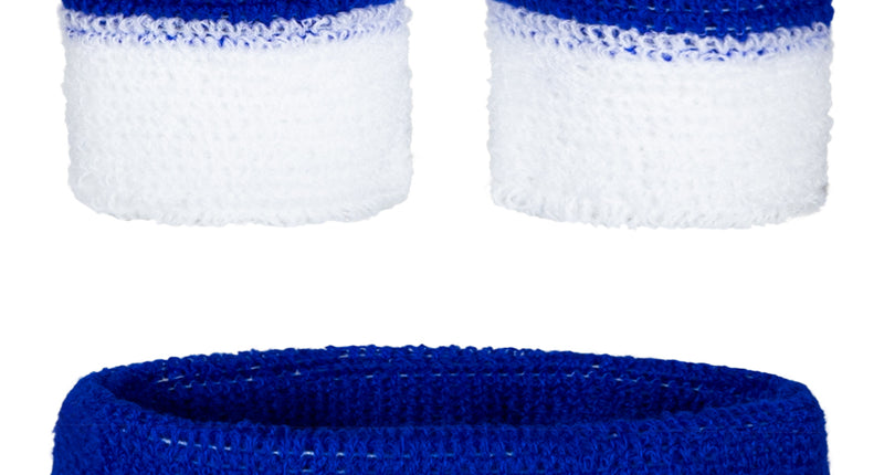 Zweetbandjes set blauw-wit met brede hoofdband en twee polsbandjes in helderblauw met wit