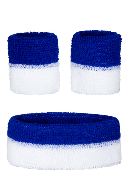 Zweetbandjes set blauw-wit met brede hoofdband en twee polsbandjes in helderblauw met wit