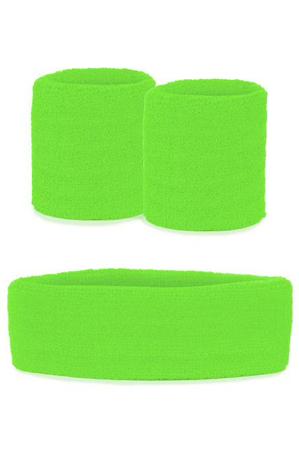 Zweetbandjes set fluor groen met brede hoofdband en twee polsbandjes van badstofachtig weefsel