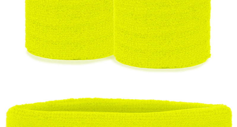 Zweetbandjes set neon geel met brede hoofdband en twee polsbandjes in fluogele badstofstructuur