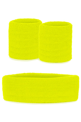Zweetbandjes set neon geel met brede hoofdband en twee polsbandjes in fluogele badstofstructuur