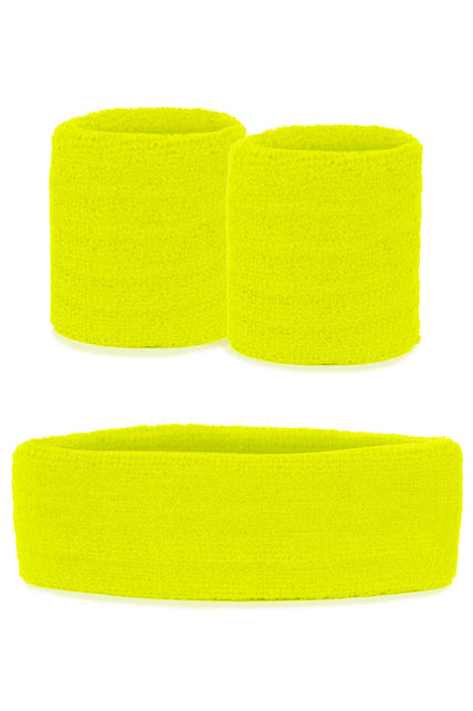 Zweetbandjes set neon geel met brede hoofdband en twee polsbandjes in fluogele badstofstructuur