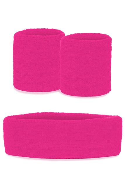 Zweetbandjes set neon roze 3-delig met brede hoofdband en twee polsbandjes voor een jaren 80-feest