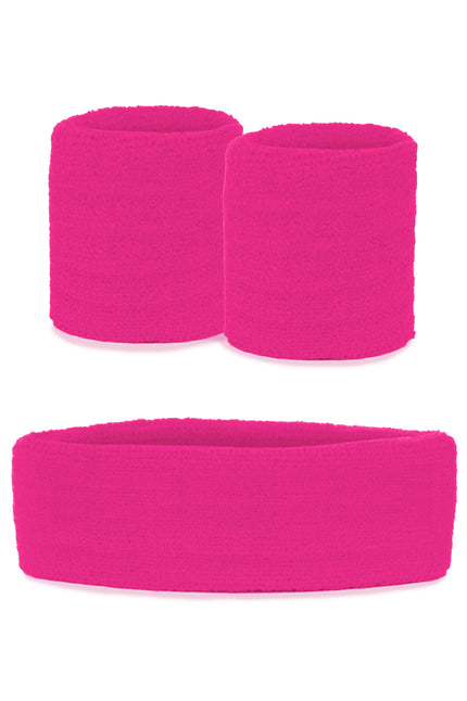 Zweetbandjes set neon roze 3-delig met brede hoofdband en twee polsbandjes voor een jaren 80-feest