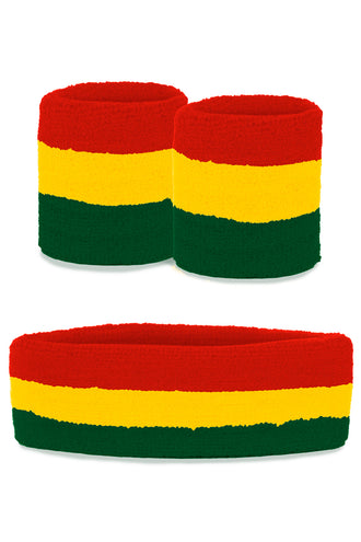 Zweetbandjes set rood geel groen 3-delig met brede hoofdband en twee polsbandjes voor carnaval