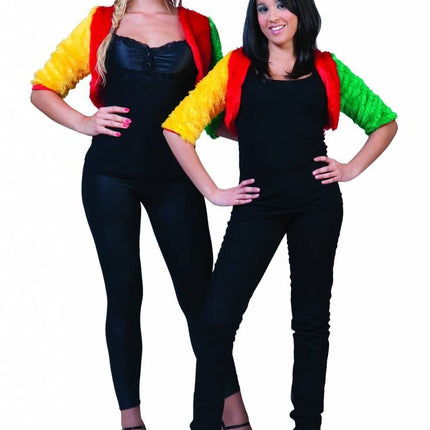 e-carnavalskleding-SYK Bolero rood-geel-groen fuzzy voor dames