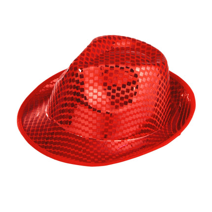 e-carnavalskleding-SYK fedora hoed vierkante pailletten rood
