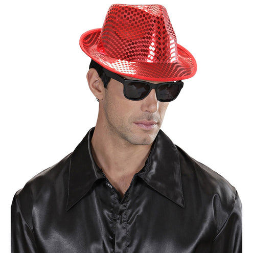e-carnavalskleding-SYK fedora hoed vierkante pailletten rood